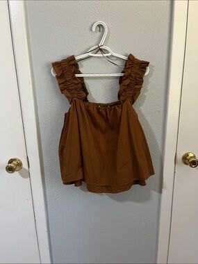English Factory Ruffle Strap Square Neck Tank Top - Brown